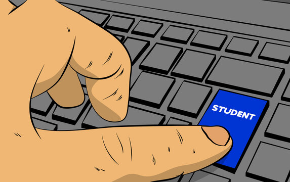 Student word on computer keyboard. Man push keypad on laptop. Comic book style concept.