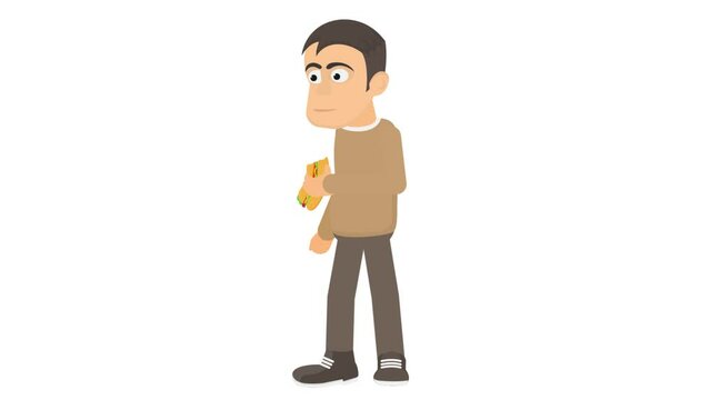 Man eats food. Animation of snacking on fast food, alpha channel is turned on. Cartoon