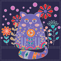 Cute cat is decorated with flowers. Comic retro character.