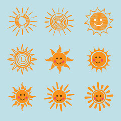 Sun icon Set, yellow color. Fun doodle in flat style.