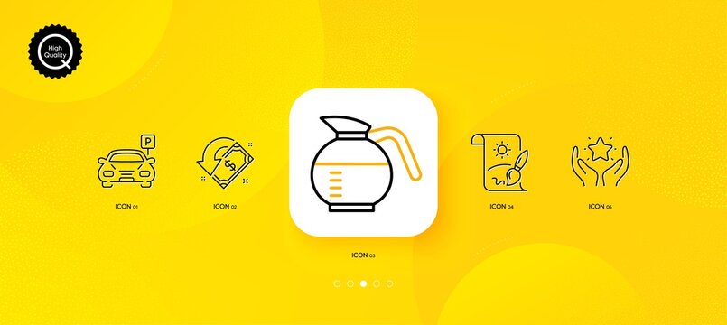 Coffeepot, Cashback and Parking minimal line icons. Yellow abstract background. Creative painting, Ranking icons. For web, application, printing. Brewed coffee, Receive money, Car park. Vector