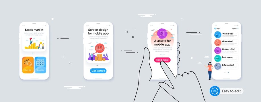 Horizontal chart, Touchscreen gesture and Boxes shelf minimal line icons. Phone ui interface. Exit, View document, Click hand icons. Water drop, Education, Dirty water web elements. Vector