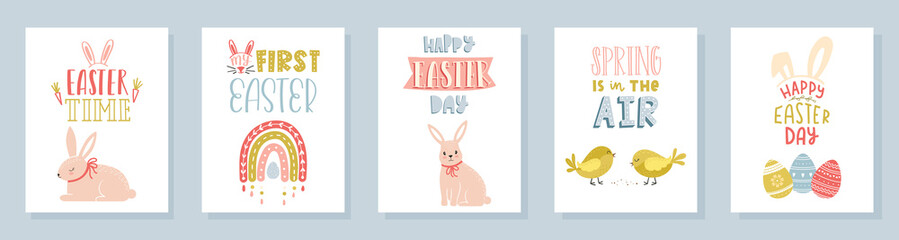 A set of Easter greeting cards with handwritten lettering phrases, cute rabbits, rainbows, chickens, decorated eggs. Easter time, spring is in the air. Vector illustrations in a cute cartoon style.