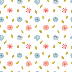 Seamless pattern with hand-drawn simple, spring, pink and blue flowers and leaves. A simple background for wrapping paper, home and children's textiles. Vector illustration on a white background.