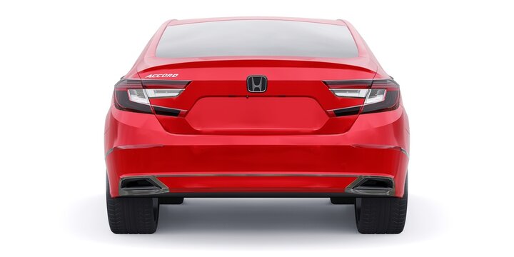 Paris, France. January 30, 2022: Honda Accord 2020: Red large hybrid business sedan for work and family. 3D illustration