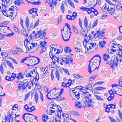 Fototapeta na wymiar Hand drawn floral paisley seamless vector pattern. Batik style fabric