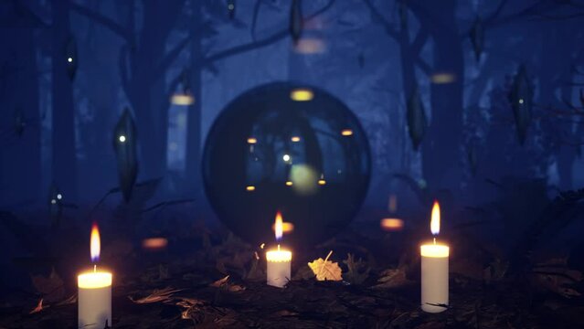 Night forest with Crystal Ball Fortune Teller animated Background. Magic and Occult Knowledge. Crystal Healing. Occultism.