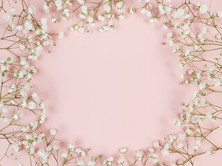 Floral frame, gypsophila flowers on pink background, flower wreath. The place for your cosmetic...