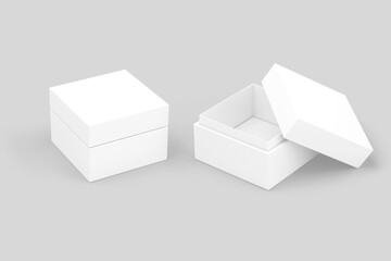 Blank white square box open and closed mockup isolated on a grey background with clipping path.3d rendering.