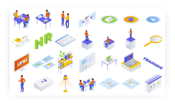 Human resource management isometric icon set. Hiring, job interview with candidate, resume, staff training, vector.