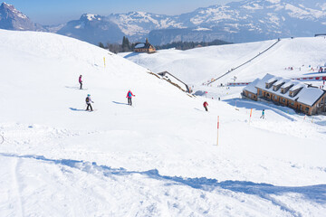 Fototapeta na wymiar Winter sports on Mount Stoos, Authentic and genuine, the villages of the Stoos-Muotatal region offer a variety of ways to take a break from everyday life and enjoy it. On the Stoos and in Morschach.
