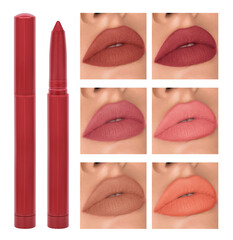 Cosmetic matte lipstick pencil with six different color samples on woman lips. Beauty Lip Visage. Passionate kiss. Female Sexy Open Mouth