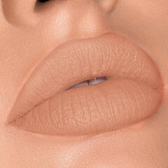 Beautiful Woman Lips with Fashion Nude Color Lipstick Makeup. Cosmetic, Fashion Make-Up Concept. Beauty Lip Visage. Passionate kiss. Female Sexy Open Mouth
