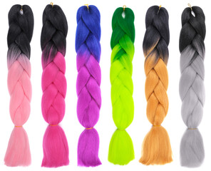 Kanekalon Braiding Hair Extensions Synthetic Braids Hair Two Tone Colors. Multicolor false strands for hair extension isolated on white background - obrazy, fototapety, plakaty