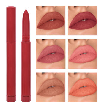 Cosmetic matte lipstick pencil with six different color samples on woman lips. Beauty Lip Visage. Passionate kiss. Female Sexy Open Mouth