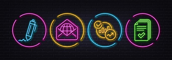 Statistics, Signature and Web mail minimal line icons. Neon laser 3d lights. Handout icons. For web, application, printing. Report charts, Written pen, World communication. Documents example. Vector