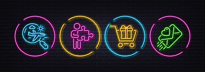 Search flight, Puzzle and Shopping cart minimal line icons. Neon laser 3d lights. Love letter icons. For web, application, printing. Airplane trip, Human with puzzle, Gift box. Heart. Vector