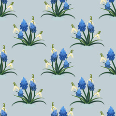 Vector seamless pattern with spring flower the muscari, the snowdrop. Gardening and spring illustration for background, textile, poster, scrapbooking, set of stickers, greeting cards.