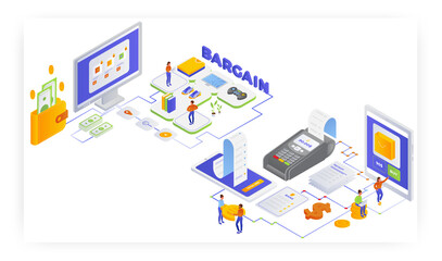 Online shopping bargain, flat vector isometric illustration. Sales and discounts. Mobile banking, contactless payment.