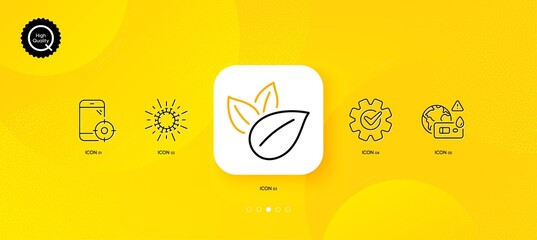 Coronavirus, Seo phone and Organic product minimal line icons. Yellow abstract background. Covid test, Cogwheel icons. For web, application, printing. Vector