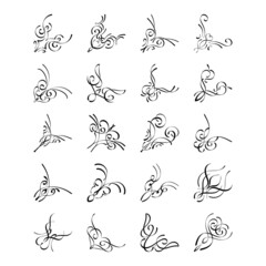 Set of 20 hand drawn frame corners. Various design elements for greeting cards, wedding invitations. Vector illustration on white background.