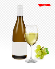 Wine bottle with glass ang grape isolated. Mockup for your design.