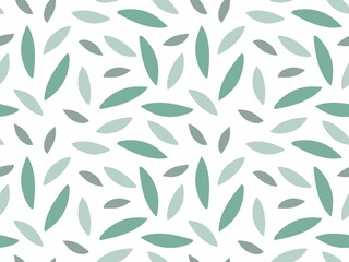 Seamless pattern with green leaves. Green fresh leaves on white background. Botanical repeateg vector illustration for wallpaper, wrapping, packing, textile, scrapbooking.