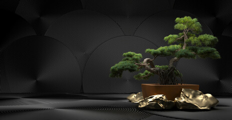 bonsai tree and gold stone on a black background. 3d rendering