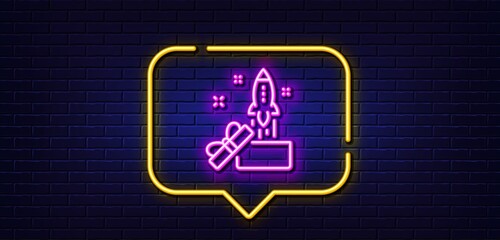 Neon light speech bubble. Out of the box line icon. Launch Project sign. Startup symbol. Neon light background. Innovation glow line. Brick wall banner. Vector