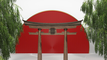 torii gates wood with semicircle red and weeping willow on white background. 3d rendering