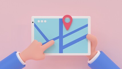 Cartoon human hand holding digital tablet with city map and destination point. 3d render illustration.