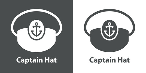 Logotipo con texto Captain Hat con silueta de sombrero de capitán de barco en fondo gris y fondo blanco