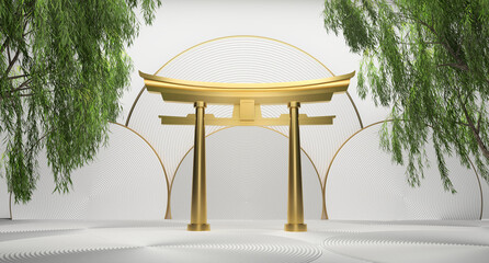 torii gates gold and weeping willow on a white background. 3d rendering