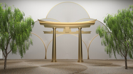 torii gates gold and weeping willow on a white background. 3d rendering