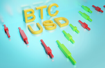 The Bitcoin and US dollars currency pair on the forex market in the light cyan with a chart of Japanese candlesticks, trading BTC USD, 3d rendering