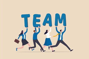 Team working together to win business success, teamwork, cooperation or collaboration, coworker partnership or office colleagues concept, business team people walking together holding the word TEAM. - obrazy, fototapety, plakaty