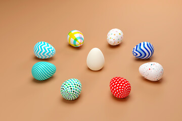 Colored Easter eggs surrounding white egg on green background. 3d illustration