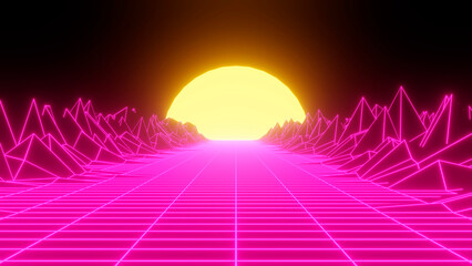 Retro neon sunset. Vaporwave vintage 3D neon landscape.3d illustration