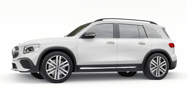 Paris, France. July 3, 2021: Mercedes-Benz GLB 2020 white compact luxury suv car isolated on white background. 3d illustration.