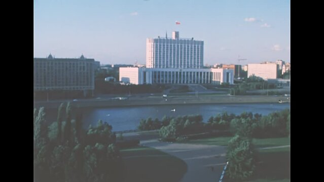 Aerial view of the House of the Government of the Russian Federation (White House) and Novoarbatsky bridge on Moscova river. Archival of Moscow in Russia.