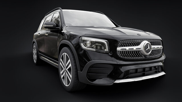 Paris, France. July 7, 2021: Mercedes-Benz GLB 2020 black compact luxury suv car isolated on black background. 3d rendering.