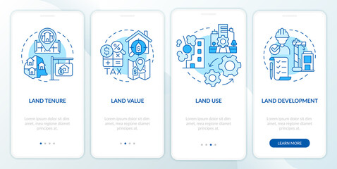 Land management practice blue onboarding mobile app screen. Walkthrough 4 steps graphic instructions pages with linear concepts. UI, UX, GUI template. Myriad Pro-Bold, Regular fonts used