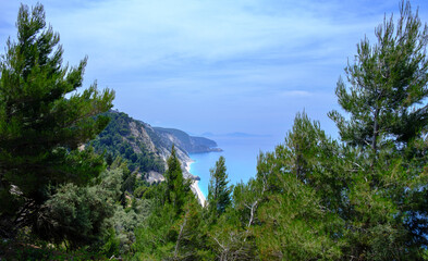 Landscape of Lefkada Island, Greece. impressive landscape with greenery and blue sea and moody sky at background