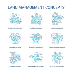 Land management turquoise concept icons set. Democratic planning idea thin line color illustrations. Strategic plan. Isolated symbols. Editable stroke. Roboto-Medium, Myriad Pro-Bold fonts used