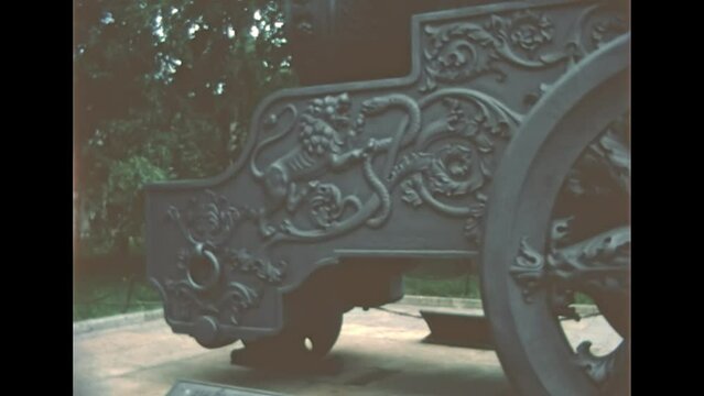 Tsar Cannon of Moscow, the largest bombard by caliber in the world. Located on Ivanovskaya Square by the Kremlin Armory. Archival of Russia in the 1980s.