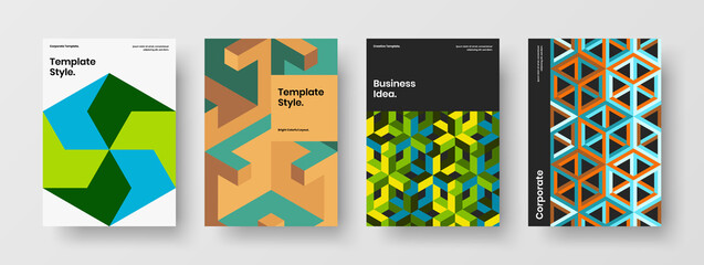 Amazing geometric hexagons corporate brochure illustration set. Abstract book cover A4 design vector layout collection.
