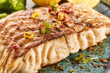 Grilled fish served on plate