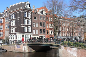 Amsterdam Lijnbaansgracht and Lauriergracht Canal View with Traditional Architecture and Bridge, Netherlands