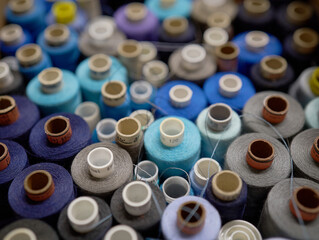 Rows of spools of thread of different colors in a box in the studio.