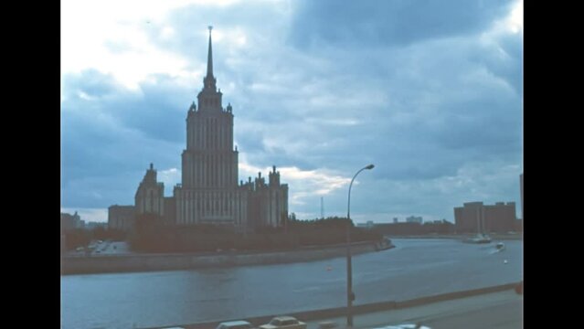 historical five-star luxury Hotel Ukraina on Moskva river. One of Seven Sisters buildings of Stalinist Empire style, opened in 1957. Archival of Russia in 1980s